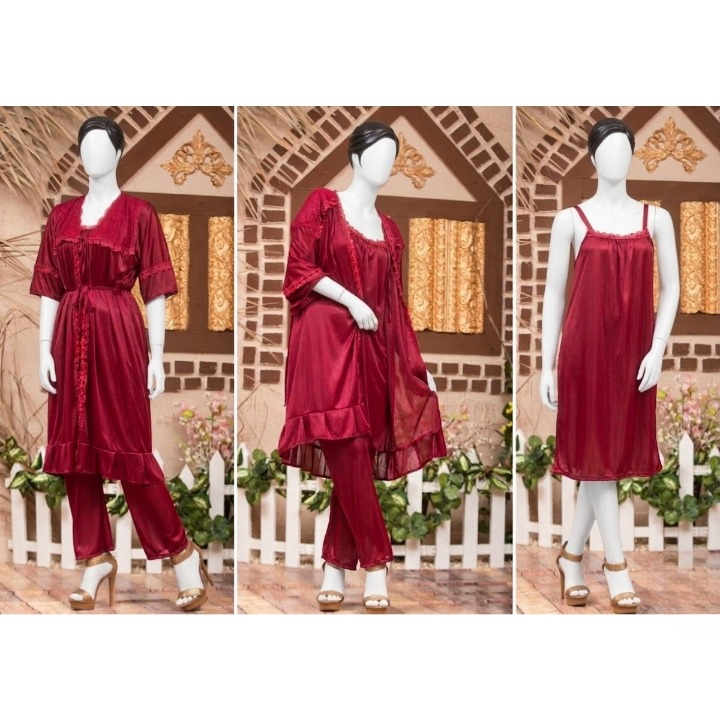 3-Piece Silk Nightwear Set for Women – Comfortable Nighty Set (Gown + Inner + Trouser) | Free Size Elegant Sleepwear | SKU-R001