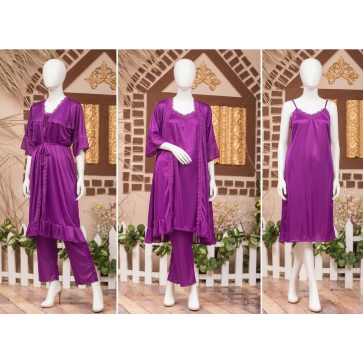 3-Piece Silk Nightwear Set for Women – Comfortable Nighty Set (Gown + Inner + Trouser) | Free Size Elegant Sleepwear | SKU-R001