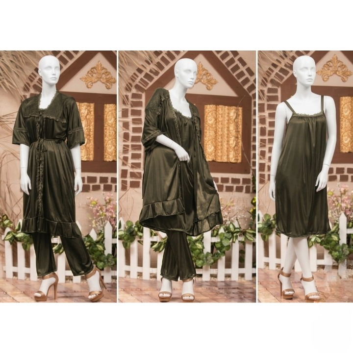 3-Piece Silk Nightwear Set for Women – Comfortable Nighty Set (Gown + Inner + Trouser) | Free Size Elegant Sleepwear | SKU-R001