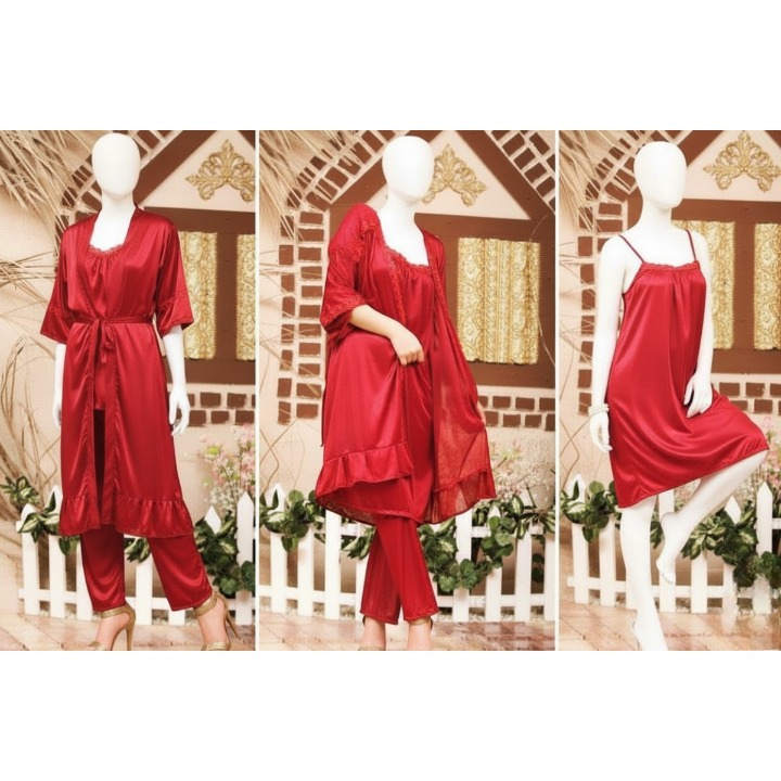 3-Piece Silk Nightwear Set for Women – Comfortable Nighty Set (Gown + Inner + Trouser) | Free Size Elegant Sleepwear | SKU-R001