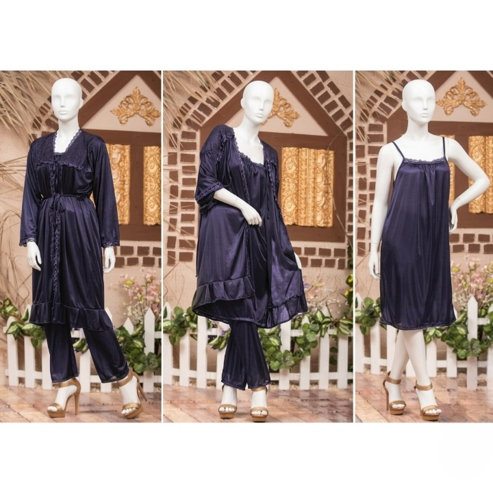 3-Piece Silk Nightwear Set for Women – Comfortable Nighty Set (Gown + Inner + Trouser) | Free Size Elegant Sleepwear | SKU-R001